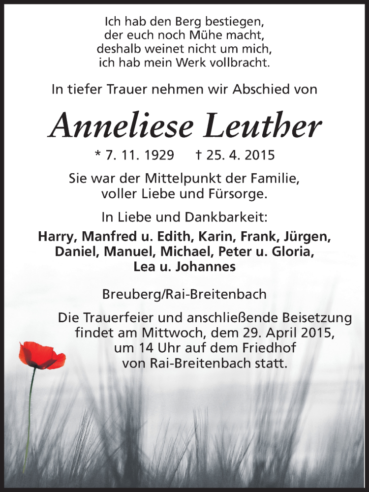  Traueranzeige für Manfred Leuther vom 28.04.2015 aus Odenwälder Echo