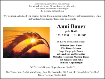 Traueranzeige von Anni Bauer von trauer.echo-online.de