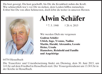 Traueranzeige von Alwin Schäfer von Odenwälder Echo