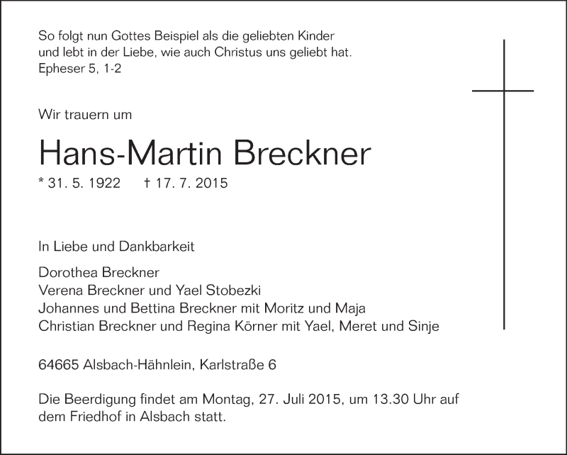  Traueranzeige für Hans-Martin Breckner vom 22.07.2015 aus Echo-Zeitungen (Gesamtausgabe)