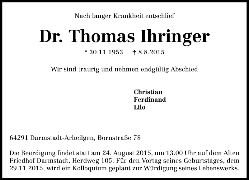  Traueranzeige für Thomas Ihringer vom 15.08.2015 aus trauer.echo-online.de