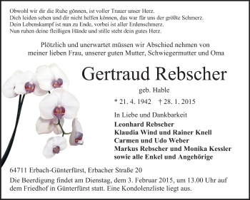 Traueranzeige von Gertraud Rebseher von Odenwälder Echo