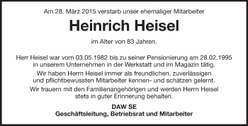 Traueranzeige von Heinrich Heisel von Echo-Zeitungen (Gesamtausgabe)