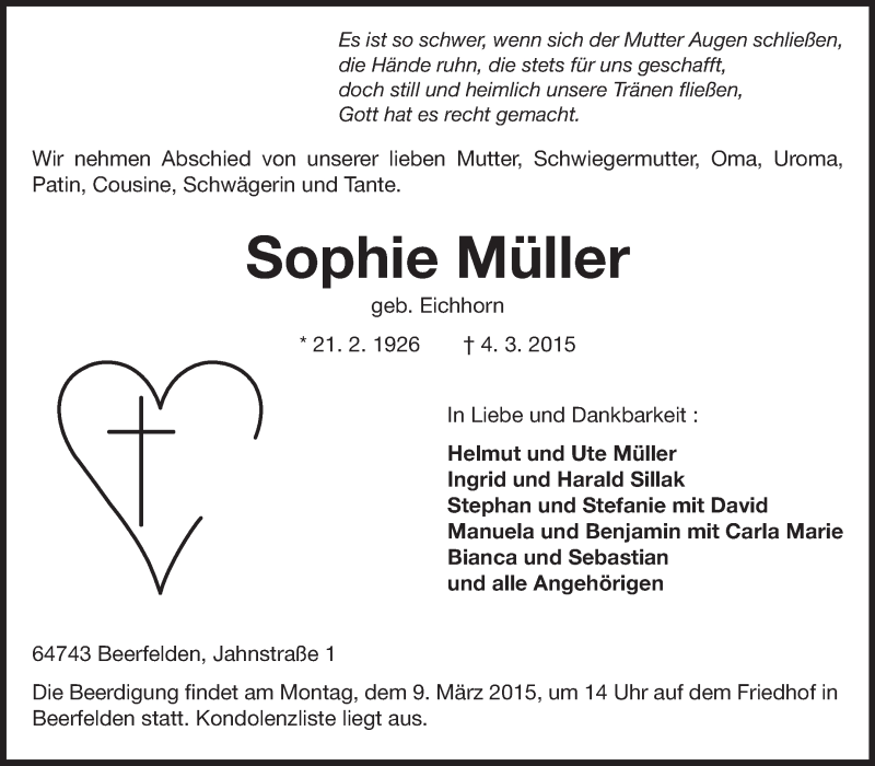  Traueranzeige für Sophie Müller vom 06.03.2015 aus Odenwälder Echo