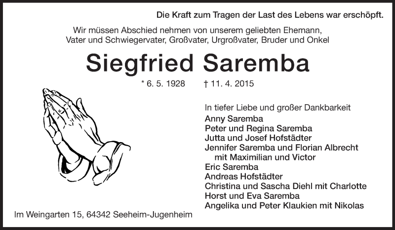  Traueranzeige für Siegfried Saremba vom 18.04.2015 aus Echo-Zeitungen (Gesamtausgabe)