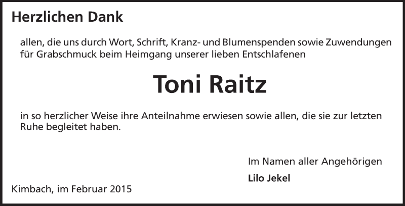  Traueranzeige für Toni Raitz vom 14.02.2015 aus Odenwälder Echo