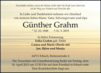 Traueranzeige von Günther Grahm von Odenwälder Echo