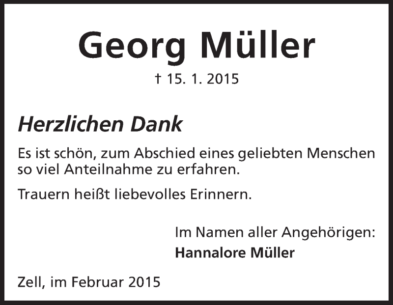  Traueranzeige für Georg Müller vom 18.02.2015 aus Odenwälder Echo