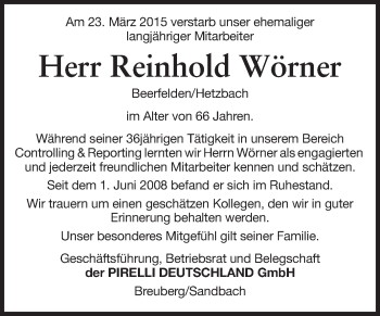 Traueranzeige von Reinhold Wörner von Odenwälder Echo