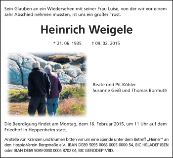 Traueranzeige von Heinrich Weigele von Starkenburger Echo, Bergsträßer Anzeiger