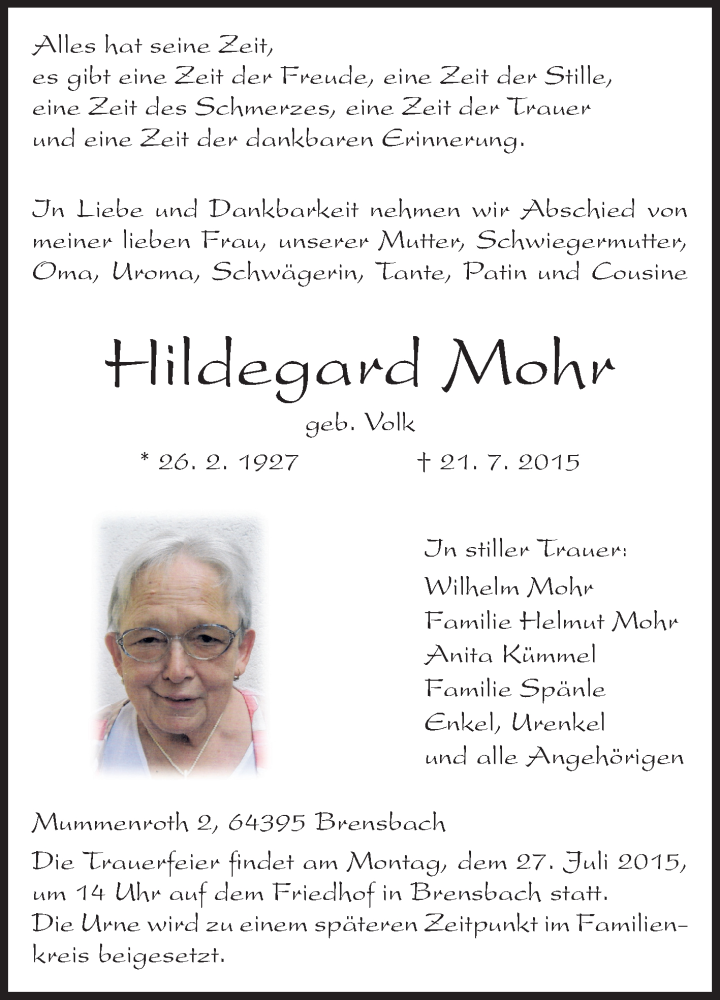  Traueranzeige für Hildegard Mohr vom 25.07.2015 aus Echo-Zeitungen (Gesamtausgabe)