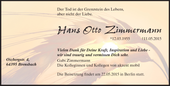 Traueranzeige von Hans Otto Zimmermann von Echo-Zeitungen (Gesamtausgabe)