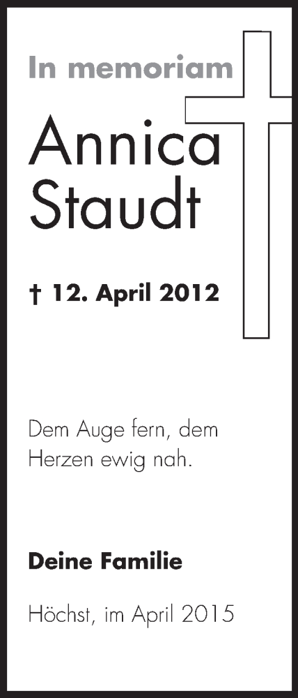  Traueranzeige für Annica Staudt vom 11.04.2015 aus Odenwälder Echo