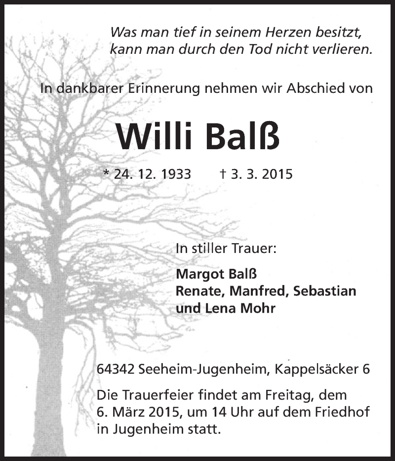  Traueranzeige für Willi Balß vom 04.03.2015 aus Echo-Zeitungen (Gesamtausgabe)