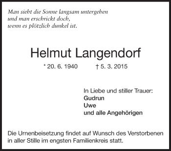 Traueranzeige von Helmut Langendorf von Echo-Zeitungen (Gesamtausgabe)