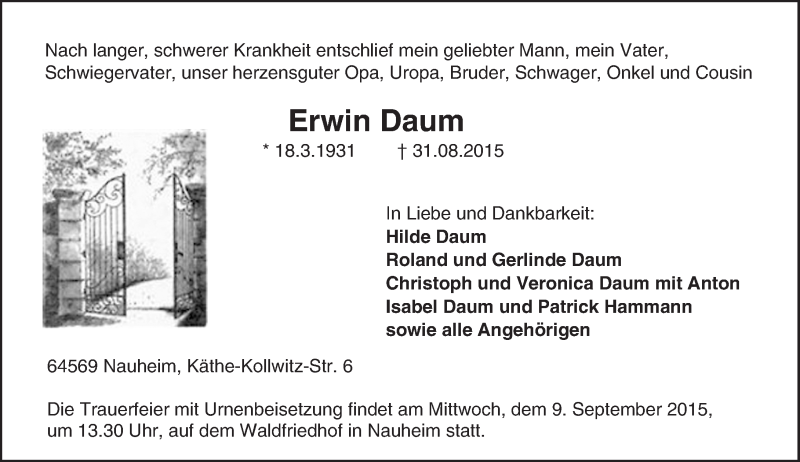  Traueranzeige für Erwin Daum vom 04.09.2015 aus trauer.echo-online.de