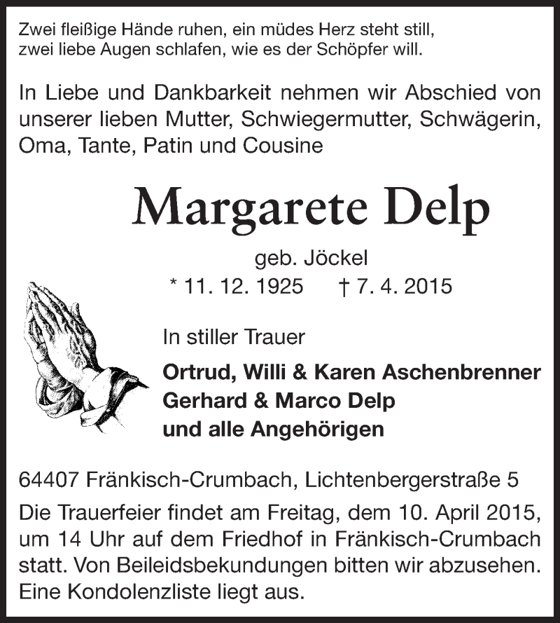  Traueranzeige für Margarete Delp vom 09.04.2015 aus Odenwälder Echo