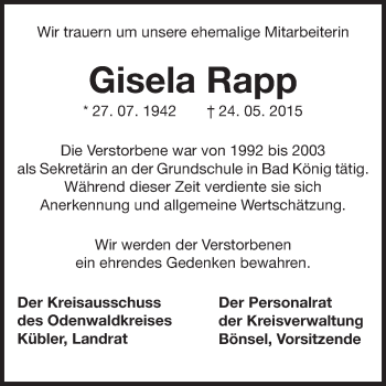 Traueranzeige von Gisela Rapp von Odenwälder Echo