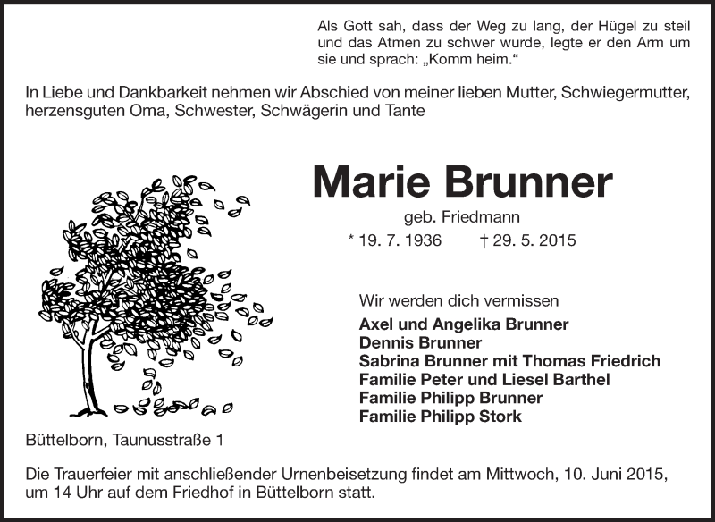  Traueranzeige für Marie Brunner vom 06.06.2015 aus Rüsselsheimer Echo, Groß-Gerauer-Echo, Ried Echo