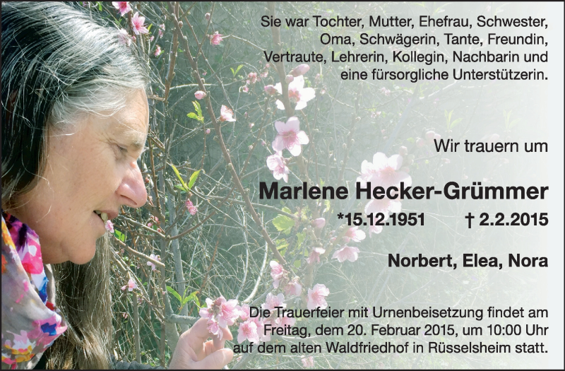  Traueranzeige für Marlene Hecker-Grümmer vom 14.02.2015 aus Rüsselsheimer Echo, Groß-Gerauer-Echo, Ried Echo