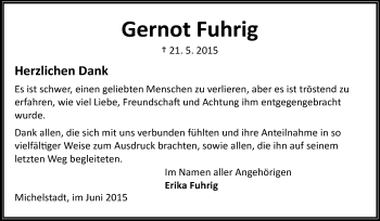 Traueranzeige von Gernot Fuhrig von Odenwälder Echo