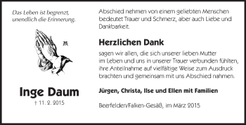 Traueranzeige von Inge Daum von Odenwälder Echo