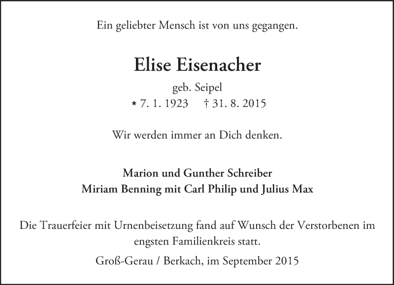  Traueranzeige für Elise Eisenacher vom 18.09.2015 aus trauer.echo-online.de