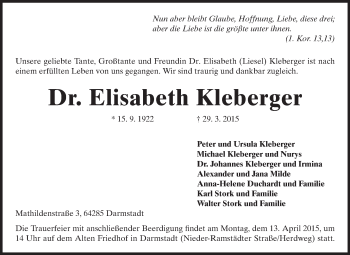 Traueranzeige von Elisabeth Kleberger von Echo-Zeitungen (Gesamtausgabe)