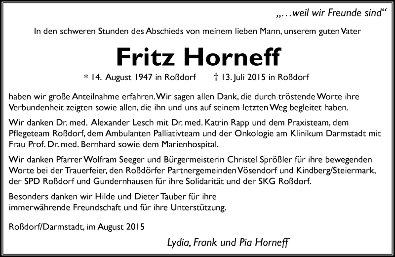  Traueranzeige für Fritz Horneff vom 01.08.2015 aus trauer.echo-online.de