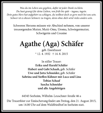 Traueranzeige von Agathe  Schäfer von trauer.echo-online.de