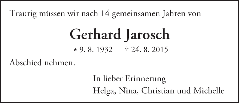  Traueranzeige für Gerhard Jarosch vom 05.09.2015 aus trauer.echo-online.de