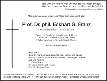 Traueranzeige von Eckhart G Franz von Echo-Zeitungen (Gesamtausgabe)