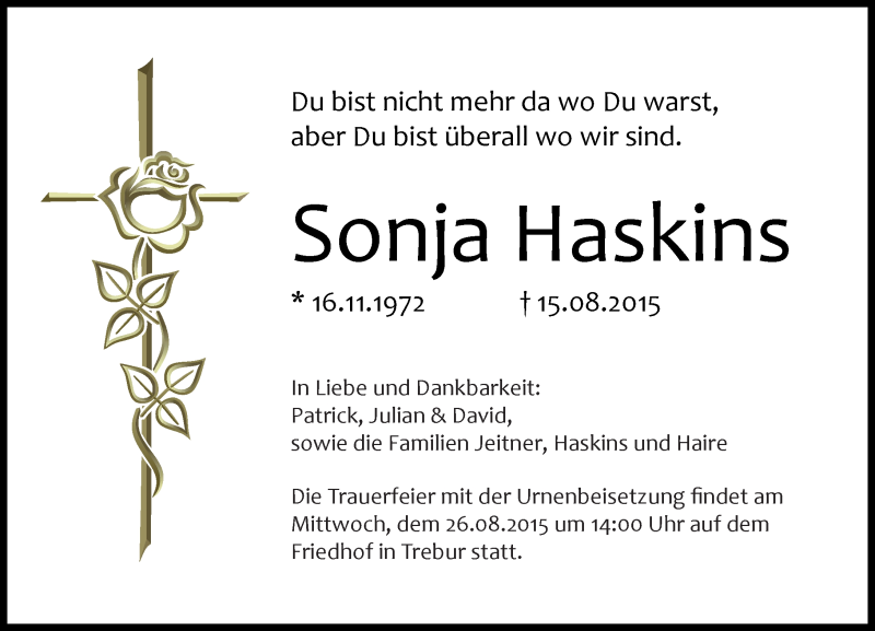  Traueranzeige für Sonja Haskins vom 21.08.2015 aus trauer.echo-online.de