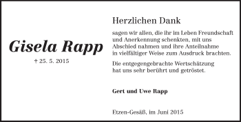 Traueranzeige von Gisela Rapp von Odenwälder Echo