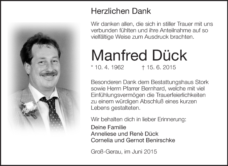  Traueranzeige für Manfred Dück vom 27.06.2015 aus Rüsselsheimer Echo, Groß-Gerauer-Echo, Ried Echo