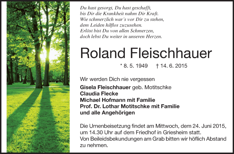  Traueranzeige für Roland Fleischhauer vom 20.06.2015 aus Echo-Zeitungen (Gesamtausgabe)