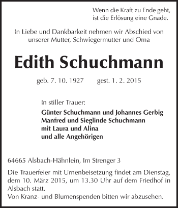 Traueranzeige von Edith Schuchmann von Echo-Zeitungen (Gesamtausgabe)