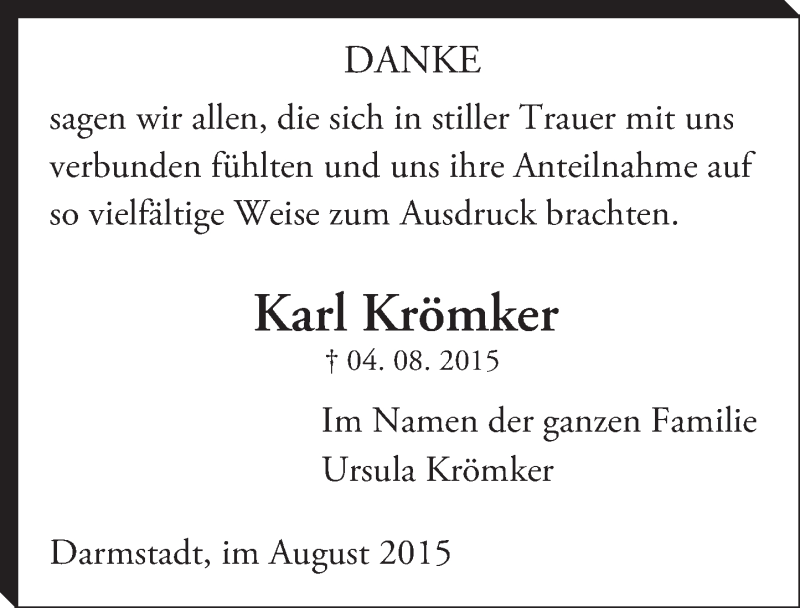  Traueranzeige für Karl Krömker vom 29.08.2015 aus trauer.echo-online.de