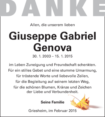 Traueranzeige von Giuseppe Gabriel Genova von Echo-Zeitungen (Gesamtausgabe)