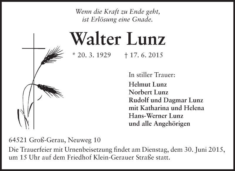  Traueranzeige für Walter Lunz vom 24.06.2015 aus Rüsselsheimer Echo, Groß-Gerauer-Echo, Ried Echo