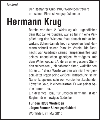 Traueranzeige von Hermann Krug von Rüsselsheimer Echo, Groß-Gerauer-Echo, Ried Echo