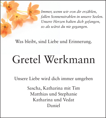Traueranzeige von Gretel Werkmann von Rüsselsheimer Echo, Groß-Gerauer-Echo, Ried Echo