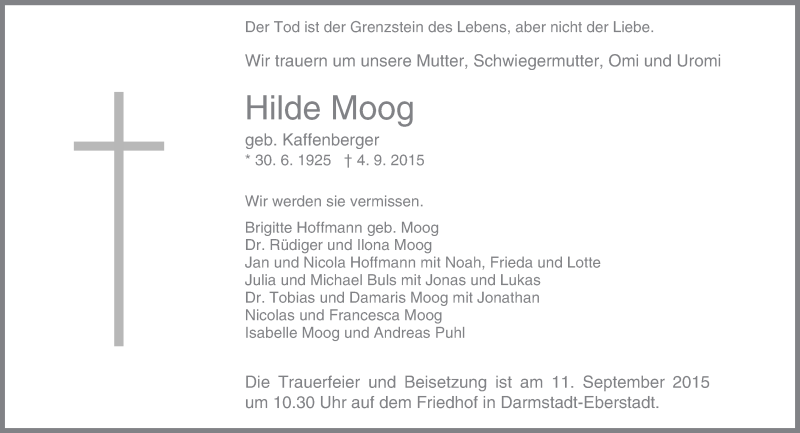 Traueranzeige für Hilde Moog vom 08.09.2015 aus trauer.echo-online.de