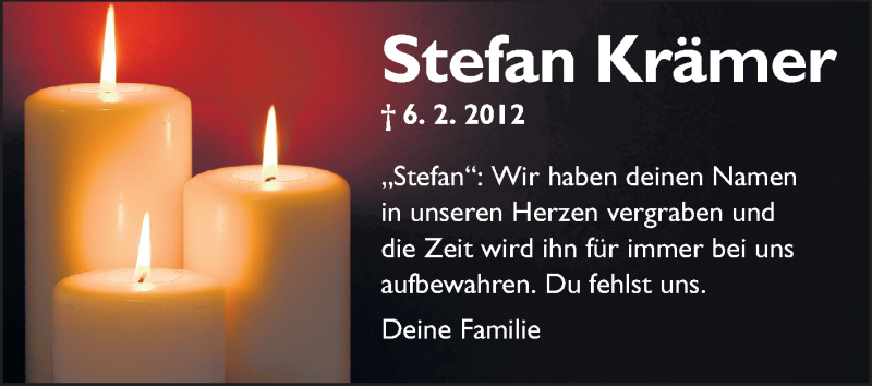  Traueranzeige für Stefan Krämer vom 06.02.2015 aus Rüsselsheimer Echo, Groß-Gerauer-Echo, Ried Echo