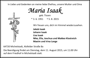 Traueranzeige von Maria Isaak von trauer.echo-online.de