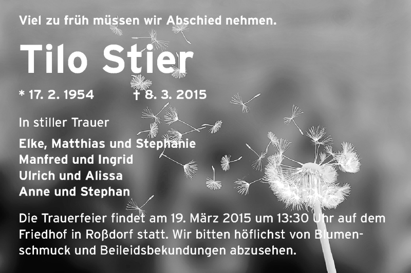  Traueranzeige für Tilo Stier vom 14.03.2015 aus Echo-Zeitungen (Gesamtausgabe)