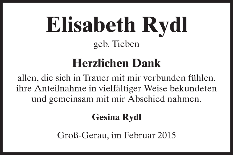  Traueranzeige für Elisabeth Rydl vom 28.02.2015 aus Rüsselsheimer Echo, Groß-Gerauer-Echo, Ried Echo