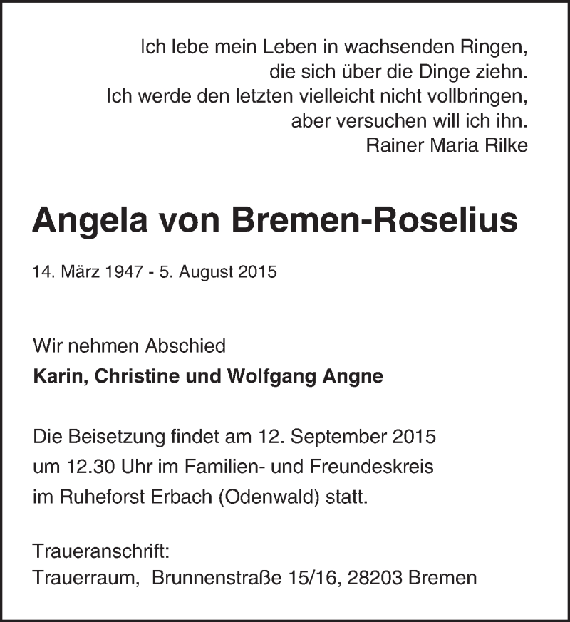  Traueranzeige für Angela von Bremen-Roselius vom 09.09.2015 aus trauer.echo-online.de