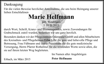 Traueranzeige von Marie Helfmann von Odenwälder Echo