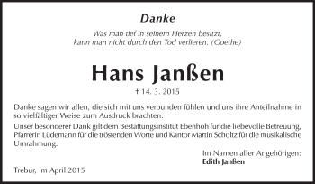 Traueranzeige von Hans Janßen von Rüsselsheimer Echo, Groß-Gerauer-Echo, Ried Echo
